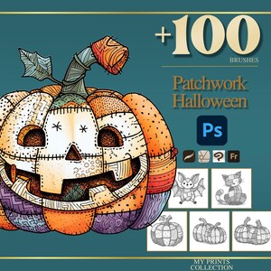 Könnte beinhalten: Digitale Grafik mit einem Patchwork-Halloween-Kürbis mit geschnitztem Gesicht. Das Bild enthält den Text "+100 Brushes" und "Patchwork Halloween" mit zusätzlichen Illustrationen.