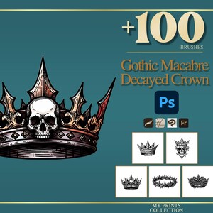 Könnte beinhalten: Digitale Illustration einer gotischen Krone mit Totenkopf. Die Krone hat rote und goldene Details vor einem türkisfarbenen Hintergrund. Der Text "+100 BRUSHES" und "Gothic Macabre Decayed Crown" ist ebenfalls enthalten.