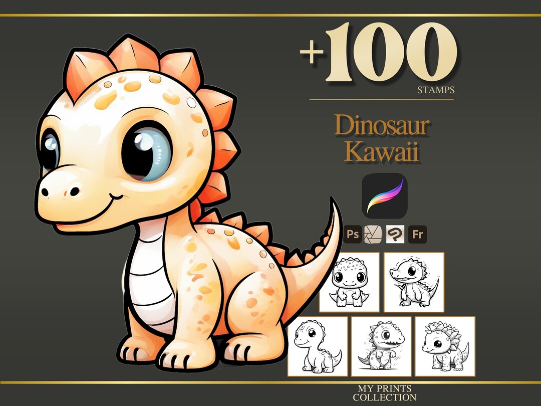 Dinosaur Kawaii Procreate Stamps & Photoshop Brushes – 100+ Chibi Bold ...