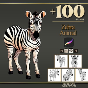 Sellos de cebra para Procreate y pinceles para Photoshop: más de 100 tatuajes, ilustraciones, dibujos lineales, plantillas y pinceles realistas de animales domésticos.