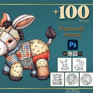Könnte beinhalten: Illustration eines bunten Patchwork-Esels mit lächelndem Gesicht, Ohren und Schwanz. Das Bild enthält den Text "+100 BRUSHES" und "Patchwork Animal" mit Symbolen für Photoshop und andere Design-Tools. Zusätzliche Tierzeichnungen sind ebenfalls abgebildet.