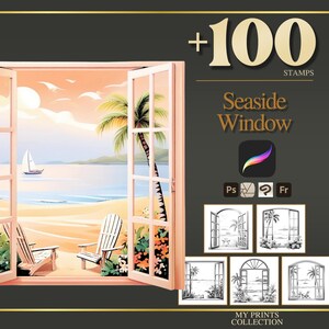 Seaside Window Procreate Stamps & Photoshop Brushes – 100+ Interior Room Design Tattoo, Illustration, Line Art, Stencil, Brush Pack