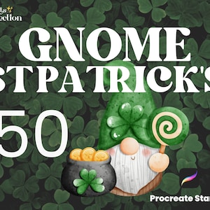 Könnte beinhalten: Ein Set mit 50 Procreate-Stempeln, die einen Gnome mit grünem Hut, einem Kleeblatt und einem Lutscher zeigen. Der Gnome hält einen Topf mit Gold und einem Kleeblatt darauf. Der Hintergrund ist ein grünes Kleeblatt-Muster.