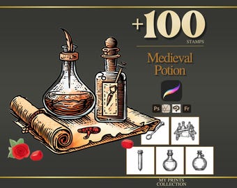 Potion Medieval Procreate Stamps & Photoshop Brushes – 100+ Woodcut Tattoo, Digital Art, Clipart, Line Art, Brush Pack
