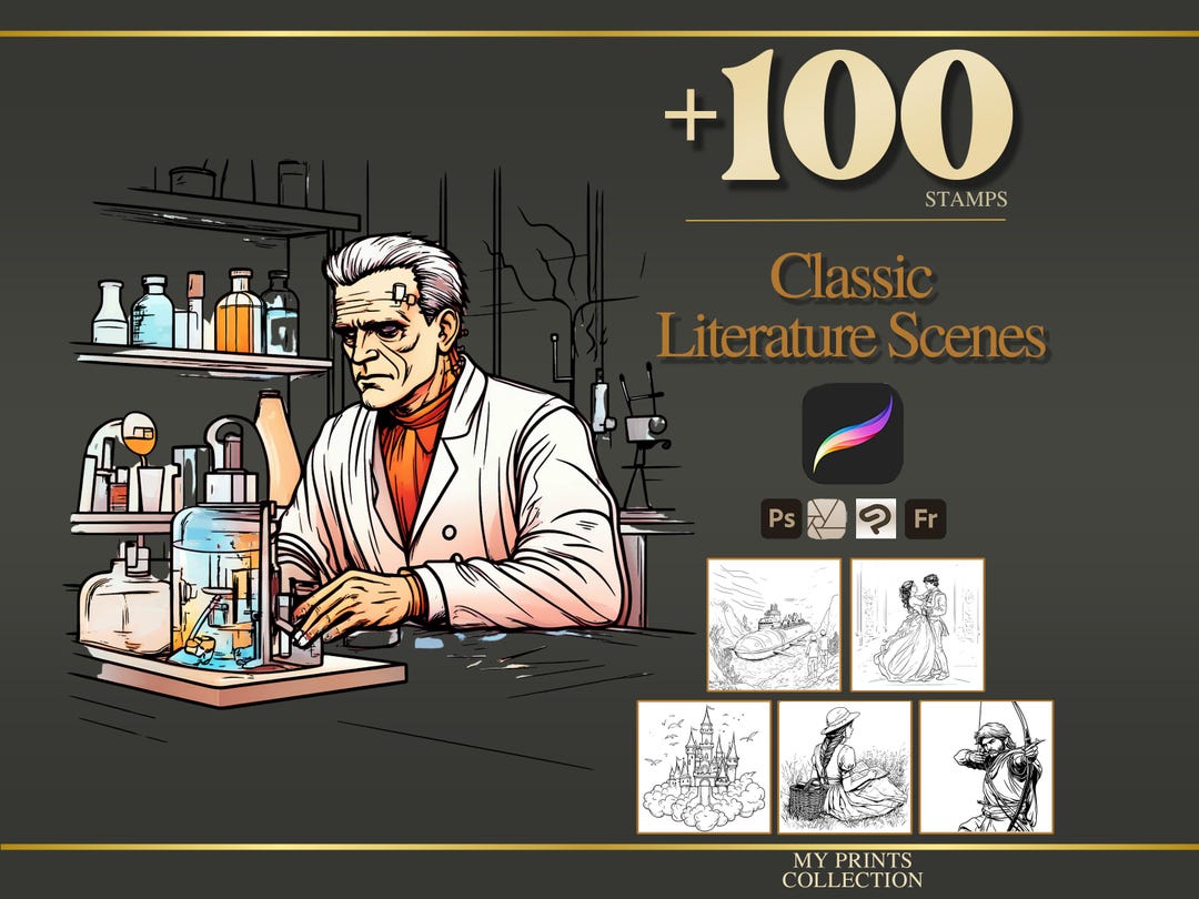 Classic Literature Scenes Procreate Stamps & Photoshop Brushes – 100 ...