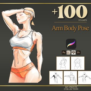 May include: Digital art print featuring a stylized illustration of a person in athletic wear, with the text "+100 STAMPS Arm Body Pose". The image includes examples of body poses and icons for Procreate, Photoshop, and French.