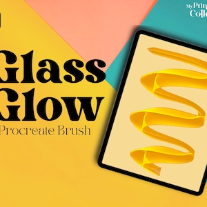 May include: A digital illustration of a yellow ribbon with a glass-like glow effect. The ribbon is on a tablet screen with the text "Glass Glow Procreate Brush" on a yellow background.
