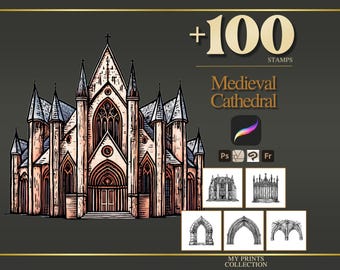 Cathedral Medieval Procreate Stamps & Photoshop Brushes – 100+ Woodcut Tattoo, Digital Art, Clipart, Line Art, Brush Pack