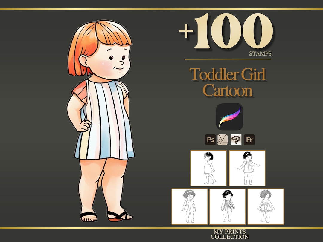 Toddler Girl Cartoon Maker Procreate Stamps & Photoshop Brushes – 100 ...