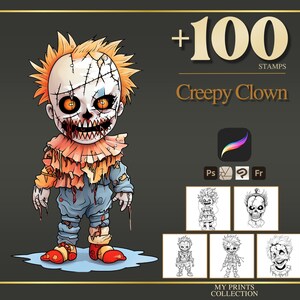 Pieczątki i pędzle do Photoshopa Creepy Clown Halloween Procreate – ponad 100 tatuaży, rysunków, grafiki cyfrowej, clipartów, rysunków liniowych i zestaw pędzli
