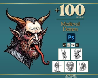 Demon Medieval Photoshop Brushes & Procreate Stamps – 100+ Woodcut Tattoo, Digital Art, Clipart, Line Art, Stencil