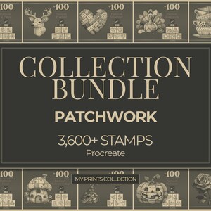 Könnte beinhalten: Ein digitales Kunstsammlungs-Bundle mit dem Text "COLLECTION BUNDLE PATCHWORK 3,600+ STAMPS Procreate". Das Bild zeigt verschiedene Illustrationen, darunter ein vierblättriges Kleeblatt, einen Hirsch, ein Herz, einen Truthahn, Teetassen und mehr.