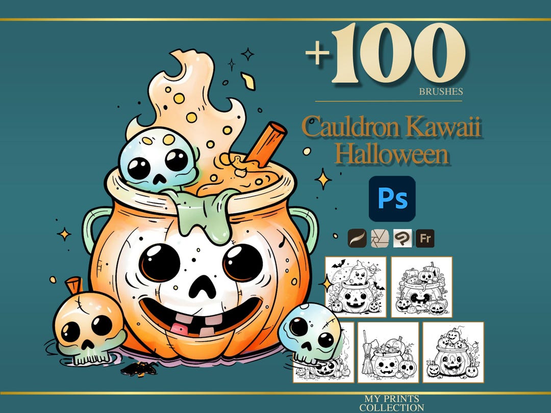 Cauldron Kawaii Halloween Photoshop Brushes & Procreate Stamps – 100 ...