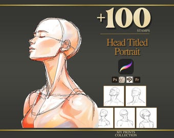 May include: An illustration of a head and neck in profile, with anatomical details. The image includes the text "+100 STAMPS Head Titled Portrait" and icons for Procreate, Photoshop, and other software. A series of head sketches are also included.