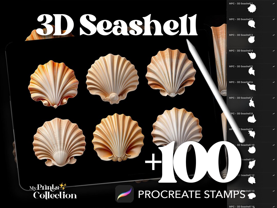 3D Seashell Dual Color Procreate Stamp Brushes - 100+ Stamps Brushset ...