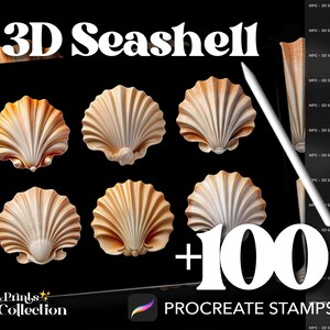 Puede incluir: Una ilustración digital de seis conchas marinas 3D en varios tonos de beige y marrón. La imagen está etiquetada como "3D Seashell" y "My Prints Collection". El texto "+100 Procreate Stamps" también es visible.
