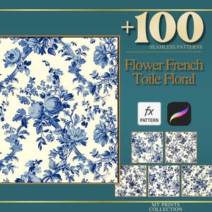 Pode incluir: Impressão digital com um padrão floral azul e branco no estilo Toile de Jouy. A imagem inclui o texto "+100 SEAMLESS PATTERNS" e "Flower French Toile Floral". Amostras de padrões adicionais também são exibidas.