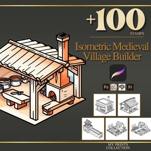 May include: Isometric Medieval Village Builder illustration with a wooden structure, a chimney, and various pots. The image includes the text "+100 STAMPS" and "Isometric Medieval Village Builder". Additional small illustrations are also present.