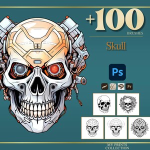 May include: Digital art featuring a detailed, mechanical skull with orange and silver accents, and glowing red and blue eyes. The image includes the text "+100 BRUSHES Skull" and icons for Photoshop and other design tools. Several skull illustrations are also shown.