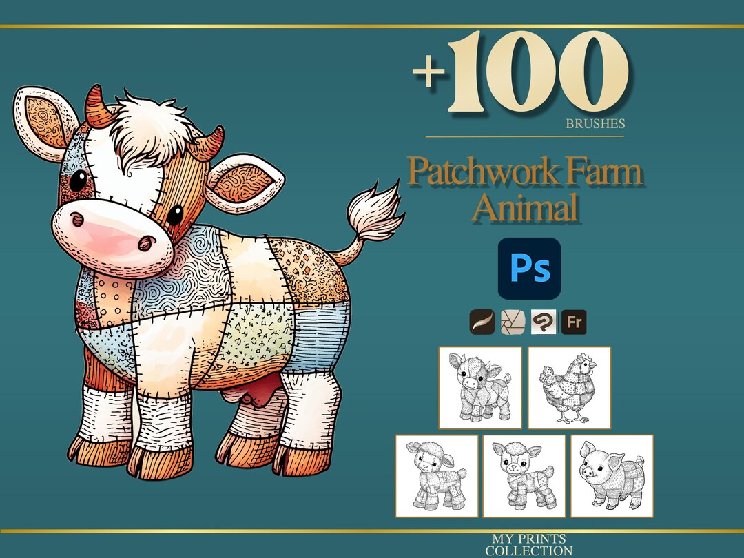 Farm Animal Patchwork Photoshop Brushes & Procreate Stamps – 100 ...