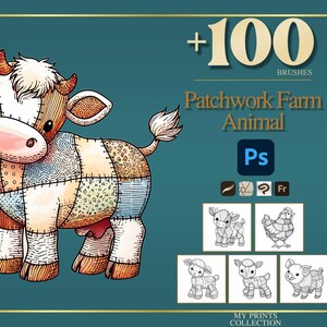 Bauernhof Tier Patchwork Photoshop Brushes & Procreate Stempel - 100+ Fashion Quilt Texture, Tattoo, Digital Art, Clipart, Line Art, Schablone