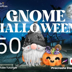 May include: A set of 50 digital stamps featuring cute Halloween gnomes with pumpkins, candy, and spiderwebs. The stamps are designed for use in Procreate.
