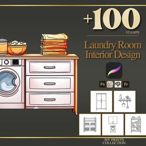 Könnte beinhalten: Eine digitale Illustration eines Waschküchenschranks mit integrierter Waschmaschine und drei Schubladen. Auf der Arbeitsplatte stehen ein Glasgefäß und eine Schüssel. Der Text lautet +100 STAMPS Laundry Room Interior Design sowie Software-Icons.