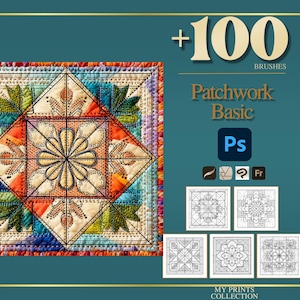 Könnte beinhalten: Ein farbenfrohes Patchwork-Design mit einem zentralen Blumenmotiv, umgeben von geometrischen Mustern und dem Text "Patchwork Basic". Das Bild enthält auch den Text "+100 BRUSHES" und Symbole für Design-Tools.
