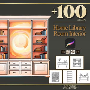 Könnte beinhalten: Eine digitale Illustration eines großen Bücherregals aus Holz mit gefüllten Regalböden und einem zentralen Lichtelement, begleitet von dem Text +100 STAMPS Home Library Room Interior sowie kleinen schwarz-weißen Strichzeichnungen von Möbeln.