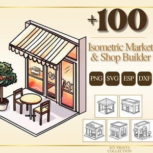 Puede incluir: Ilustración isométrica de una tienda con toldo a rayas, una mesa pequeña y dos sillas. Un árbol en maceta está a la izquierda. La imagen incluye el texto "+100 Isometric Market & Shop Builder" e iconos de tipo de archivo.