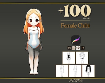 Female Chibi Maker Procreate Stamps & Photoshop Brushes – 100+ Anime Manga Poses Tattoo, Illustration, Line Art, Stencil, Brush Pack