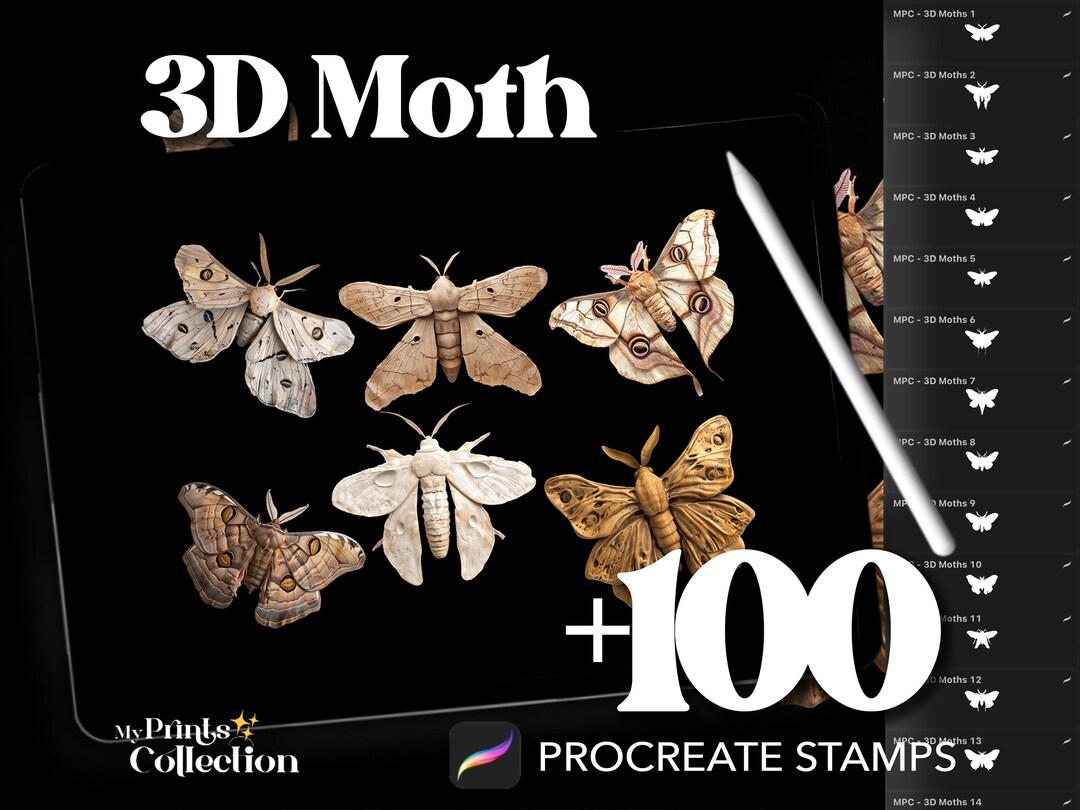 3D Moth Dual Color Procreate Stamp Brushes - 100+ Stamps Brushset for ...