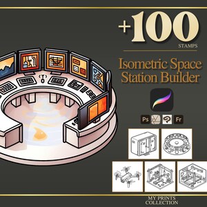 Op de afbeelding: Een illustratie van een isometrische controlekamer van een ruimtestation met meerdere computermonitoren. De afbeelding bevat de tekst "+100 STAMPS" en "Isometric Space Station Builder". Er zijn ook extra pictogrammen en voorbeelden van illustraties aanwezig.