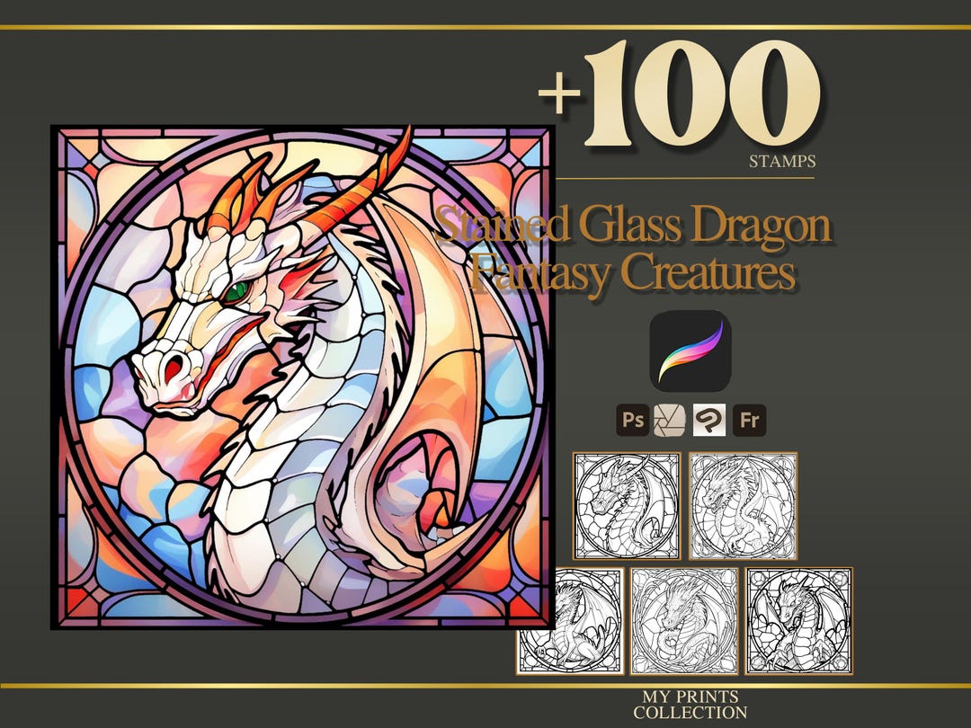 Dragon Stained Glass Procreate Stamps & Photoshop Brushes – 100 ...