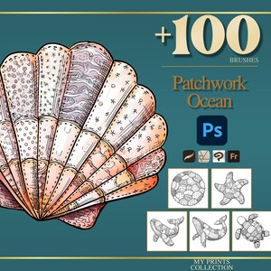 Könnte beinhalten: Digitales Kunstwerk mit einer Muschel im Patchwork-Design in Pfirsich-, Rosa- und Cremetönen. Der Text lautet "+100 BRUSHES" und "Patchwork Ocean". Zusätzliche Illustrationen von Meeresbewohnern sind enthalten, vor einem tealfarbenen Hintergrund.