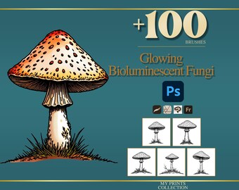 Glowing Bioluminescent Fungi Photoshop Brushes & Procreate Stamps, 100+ Glowing Fungi Stamps, Fantasy Digital Download
