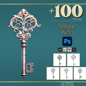 Può includere: Un'antica chiave ornata, con dettagli intricati, su uno sfondo verde acqua. L'immagine include il testo "+100 BRUSHES" e "Antique Key" con un'icona di Photoshop. Il design della chiave è ripetuto in illustrazioni più piccole.