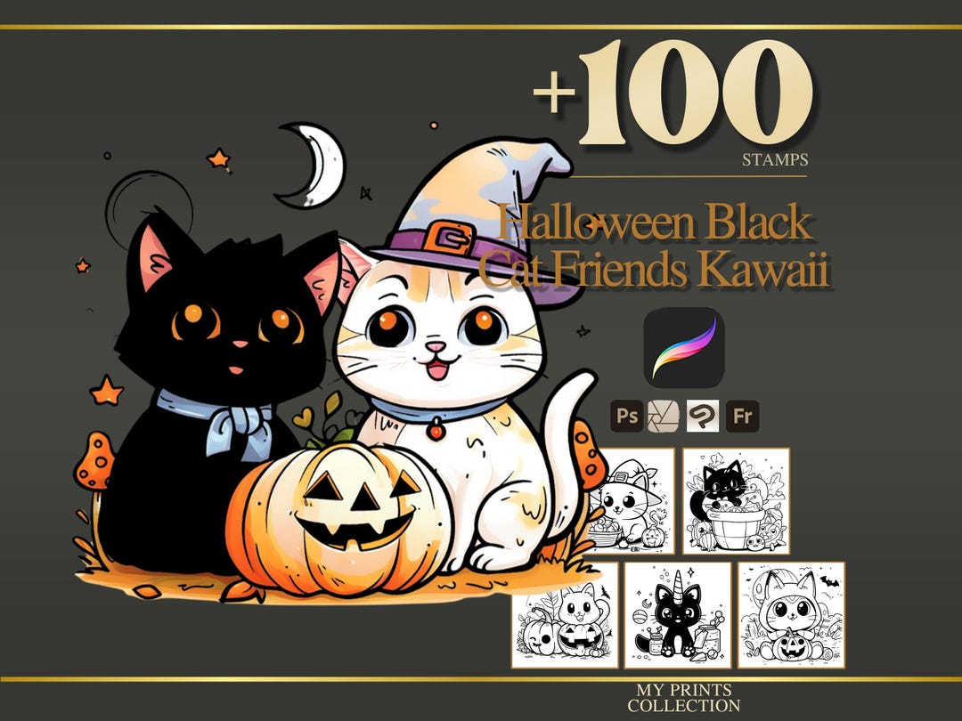 Black Cat Friends Kawaii Halloween Procreate Stamps & Photoshop Brushes ...