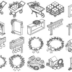 May include: Black and white line art illustrations of Easter decorations. Features wheelbarrows with flowers and eggs, wreaths, wooden signs with hanging eggs, and a small house with a wreath.