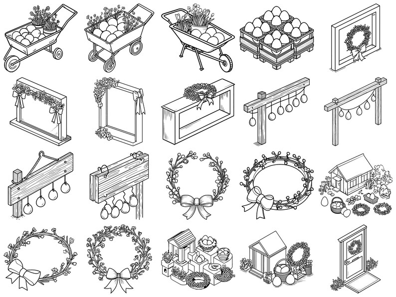 May include: Black and white line art illustrations of Easter decorations. Features wheelbarrows with flowers and eggs, wreaths, wooden signs with hanging eggs, and a small house with a wreath.