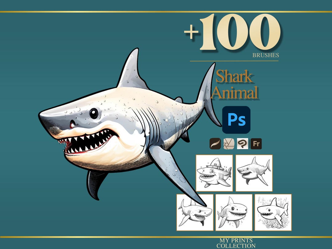 Shark Photoshop Brushes & Procreate Stamps – 100+ Realistic Animal Pet ...