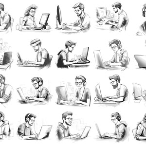 Softwareontwikkelaar Procreate Stamps en Photoshop-penselen – 100+ mensen Carrièretattoo, illustratie, zeer fijne tekeningen, stencil, penseelpakket afbeelding 3