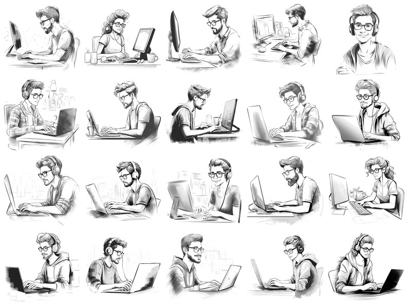 Softwareontwikkelaar Procreate Stamps en Photoshop-penselen – 100+ mensen Carrièretattoo, illustratie, zeer fijne tekeningen, stencil, penseelpakket afbeelding 3