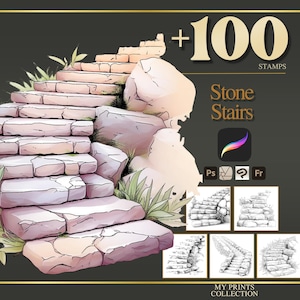 Tampons Stone Stairs Procreate et pinceaux Photoshop - Plus de 100 lieux : paysage de maison, tatouage, illustration, pochoir et paquet de pinceaux magiques et fantaisistes