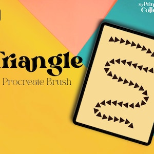 Puede incluir: Una ilustración digital de un pincel de Procreate llamado "Triangle" en la pantalla de una tableta. El pincel crea una serie de pequeños triángulos negros en una línea curva.
