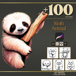 Sloth Procreate Stamps & Photoshop Brushes – 100+ Realistic Animal Pet Tattoo, Illustration, Line Art, Stencil, Brush Pack