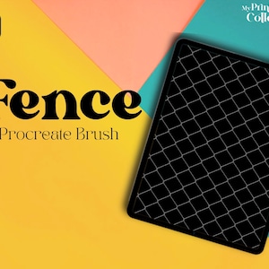 Op de afbeelding: Een zwart-witte afbeelding van een gaashekpatroon op een tabletscherm. De tablet ligt op een gele, roze en blauwe achtergrond. De tekst "Fence Procreate Brush" staat op de gele achtergrond.