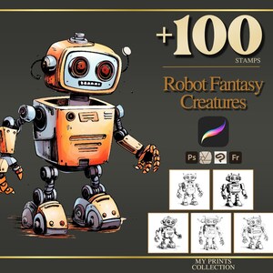 Sellos para Procreate y pinceles para Photoshop de Robot: más de 100 criaturas fantásticas para tatuajes, ilustraciones, dibujos lineales, plantillas y paquete de pinceles.