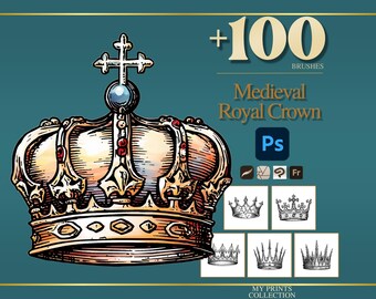 Royal Crown Medieval Photoshop Brushes & Procreate Stamps – 100+ Woodcut Tattoo, Digital Art, Clipart, Line Art, Stencil