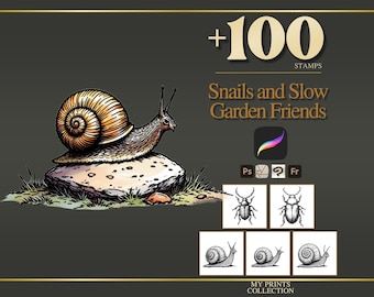 May include: A digital collection of over 100 stamps titled Snails and Slow Garden Friends, featuring a detailed illustration of a snail on a rock, along with smaller black and white icons of beetles and snails for use in digital design software.